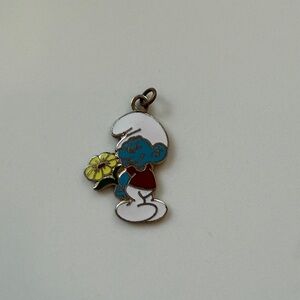 Vintage Bashful Smurf Enamel Pendant with Flower